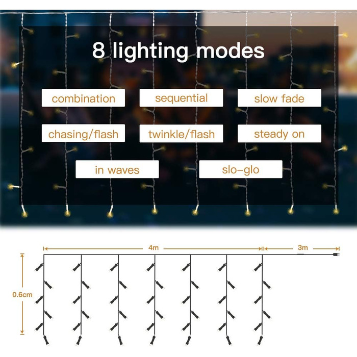 Світлова штора Elegear 4M 144 LED, IP44, 8 режимів, теплий білий, різдвяна прикраса