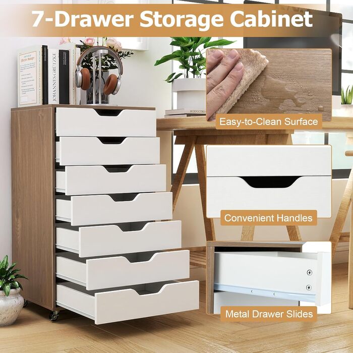 Роликовий контейнер KOMFOTTEU з шухлядами, мобільний офісний шафа, візок для документів, білий, для файлів та паперів (натуральний колір)