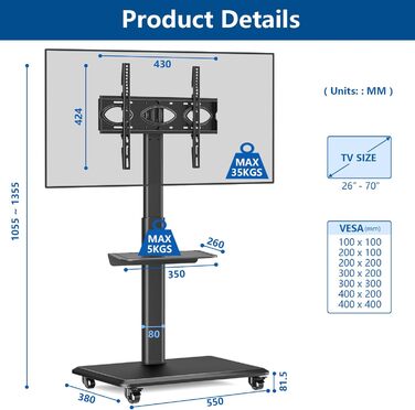 Підставка для телевізора на коліщатках RFIVER, чорна, для телевізорів 26-70 дюймів, VESA 400x400, до 35 кг