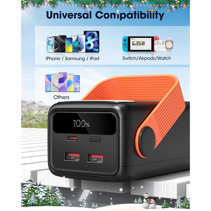 Power Bank 60000mAh 65W з 3 виходами USB-C: портативний зарядний акумулятор для ноутбука, смартфона, планшета (чорний)