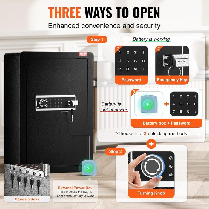 Сейф VEVOR з вогнестійким кишеням для грошей, одностулковий сейф об'ємом 3,5 кубічних футів, 2 перегородки, цифровий сейф для меблів з ключем/кодом, скринька для цінностей (гроші, ювелірні вироби, ліки), сейф для грошей чорного кольору, 1 дверцята
