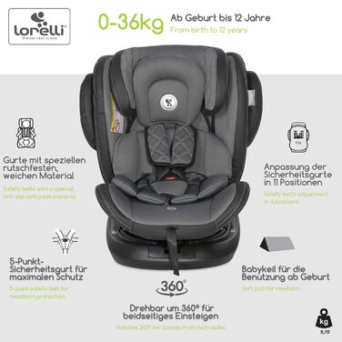 Автокрісло-авіатор Lorelli, зростаюче автокрісло з Isofix - група 0/1/2/3 (0-36 кг), дитяче крісло, поворот на 360 градусів, 5-точковий ремінь безпеки, регульований підголівник, зелений (сірий/чорний)