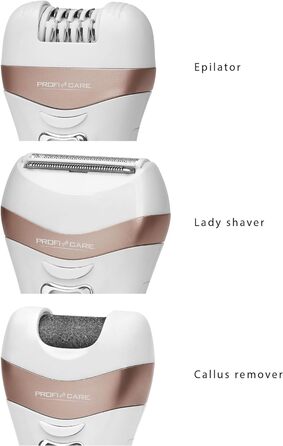 Епілятор ProfiCare PC-LBS 3002 3в1, Lady Shaver і засіб для видалення мозолів в одному, на батарейках, з практичною сумкою для зберігання, біле шампанське