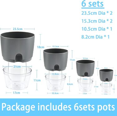 Набір горщиків для квітів та трав 6 шт. з автополивом, сірий - 22.3/15.3/10.5/8.2 см