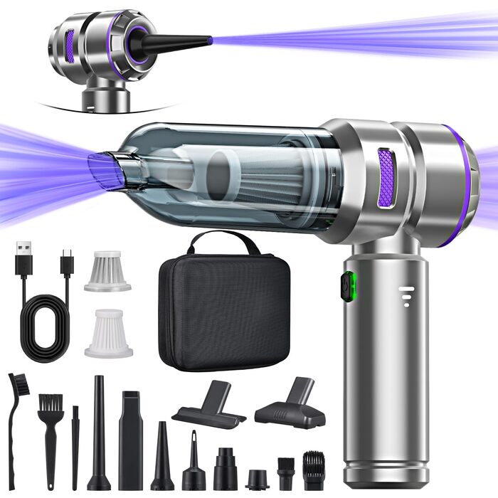 Акумуляторний ручний пилосос 4-в-1 для авто та дому, бездротовий пилосос з потужністю 28000Па та електричним обдувом (3 режими, 24000 об/хв) для прибирання салону, кухні, ПК та диванів