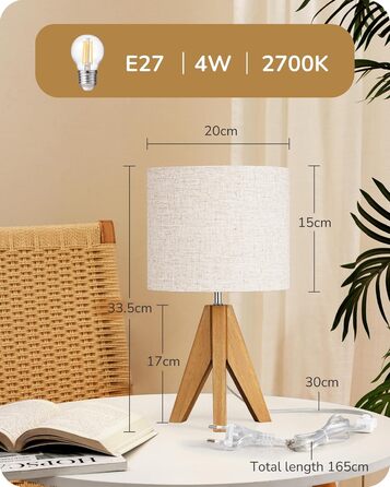 LED настільна лампа EDISHINE з ручним плетінням абажуру та дерев'яним штативом, 2700K тепле світло, бохо стиль для спальні, вітальні та готелю, з лампою E27 4W (сучасний дизайн)