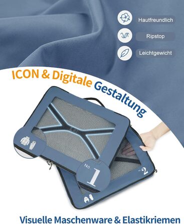 Набір органайзерів для валізи ECOHUB (7 предметів), дорожні пакувальні куби з застібкою-блискавкою з переробленого PET, синій