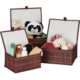 Кошик для зберігання Relaxdays 10024308126 Комплект з 3 предметів, з кришкою і тканинної вставкою, бамбуковий кошик, декоративна коробка для зберігання, 3 розміри, натуральна (коричнева)