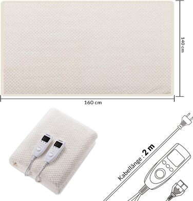 Електрична грілка Monzana 160x140 см, 5 режимів, фліс, подвійна, 2x60Вт, таймер, захист від перегріву, бежевий, прана