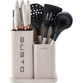 Набір ножів Karaca Gusto 12 предметів з дерев'яною підставкою та кухонними аксесуарами, з нержавіючої сталі, ергономічні ручки, кремовий колір