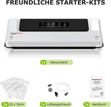 Вакууматор для продуктів Bonsenkitchen — швидкий вакуумний пакувальник з функцією запайки, білий (комплект: 5 пакетів та шланг)