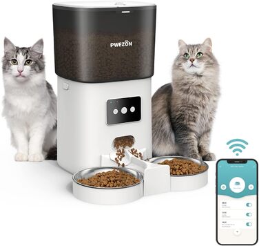 Подвійна годівниця PWEZON Smart WiFi для двох котів, автоматична годівниця для котів з 2 мисками з нержавіючої сталі, дозатор сухого корму об'ємом 6 л з керуванням додатком і таймером для котів і собак