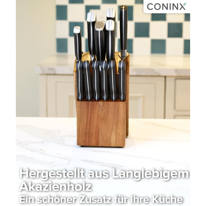 Блок для ножів Coninx Universal з інтегрірувачем – Тримач для ножів з акації на 15 слотів – Стійкий підставка для кухонних ножів, хлібного ножа, ножа для стейка та ножиць, коричневий з інтегрірувачем