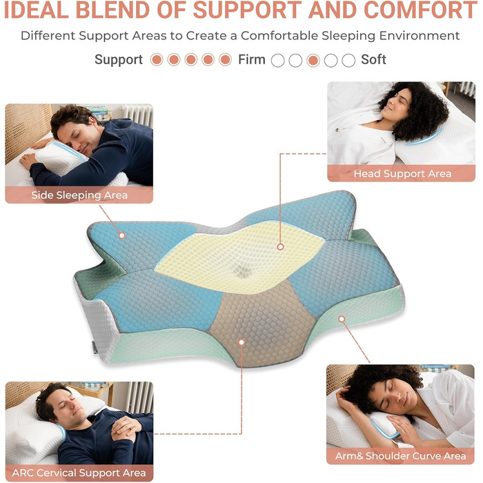 Ортопедична подушка для шиї Elviros з піни Memory Foam, ергономічна подушка від болю в шиї для сну на спині, боці та животі, знімний і охолоджуючий чохол, 64×(11,5/13)×40 см, сірий