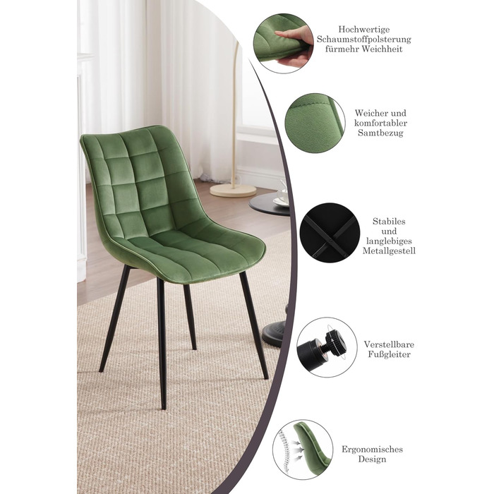 Набір обідніх стільців WOLTU (8 шт.) - обідні стільці для кухні, вітальні, їдальні. М'яке сидіння з велюру, металеві ніжки, до 150 кг.