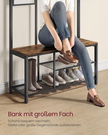 Стійка для одягу VASAGLE з дзеркалом та банкеткою, 35 x 98 x 180 см, для передпокою, спальні, вітальні, індустріальний дизайн, вінтажний колір, HSR415B01