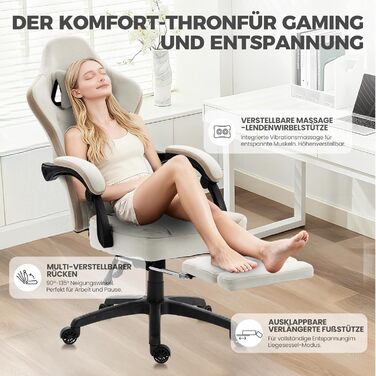 Ігровий крісло Dowinx з тканини та масажем, ергономічний геймерський крісло-ресинг з підніжкою (Бежевий)