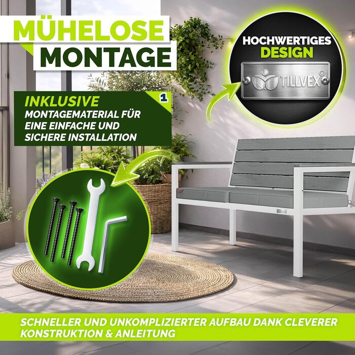 Садова лавка Tillvex® 3-4 місця з подушками та чохлом, вулична, стійка до погодних умов, деревоподібна, до 300 кг, сіро-біла (130 см)