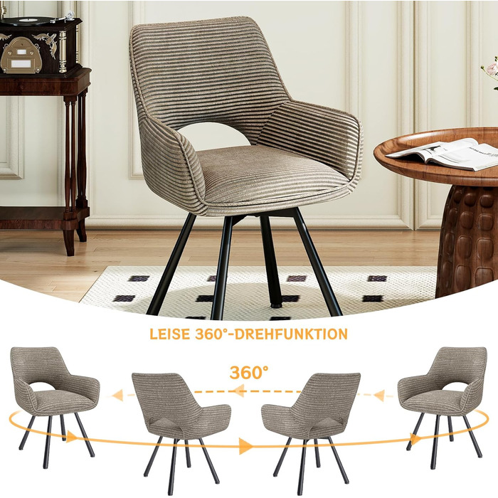 Набір обідніх стільців 4 шт. поворотні 360°, з підлокітниками, металеві ніжки, для кухні/обідньої кімнати, з м'якою оббивкою з велюру, бежеві (1 шт. поворотний, 1 шт. тауп)