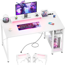 Ігровий стіл з LED-підсвічуванням та розетками, стіл для комп'ютера з USB, стіл для ПК з підставкою для монітора, сучасний офісний/робочий стіл для ігрової кімнати (білий)