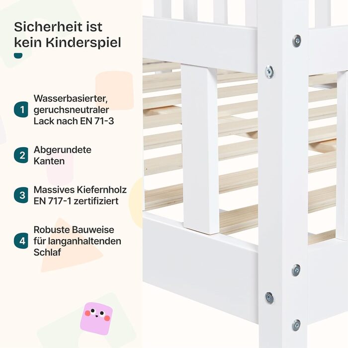 Ліжко дитяче Hesel Hausbett біле 90x200 см з бортиками та ламелями. Монтессорі ліжко-платформа для підлітків. Дерев'яне ліжко від en.casa