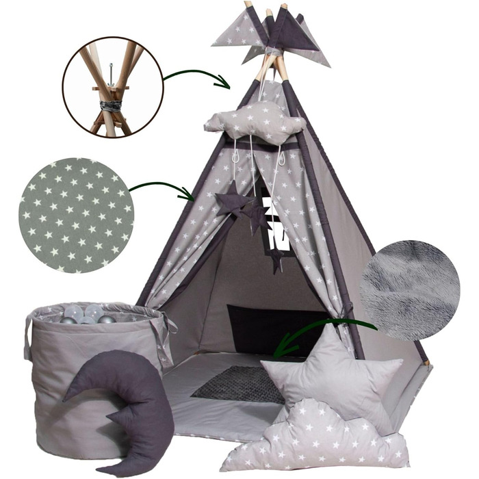 Намет-Тіпі для дітей з килимком, подушкою та м'ячами - ігровий намет у дитячу кімнату (Сірий)