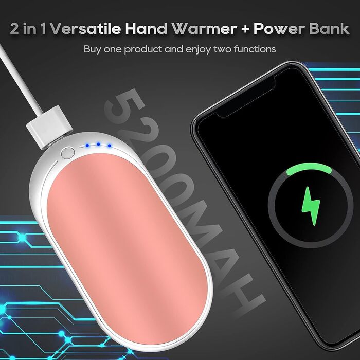 Електричний грілка для рук Feebee, USB-C, 5200 mAh, подвійний нагрів, Power Bank, 3 режими, білий (рожевий)