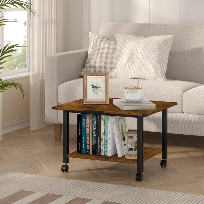 Стіл для принтера LELELINKY з роликами, мобільний двоярусний стійка для принтера, підставка для принтера з фіксуючими колесами, візок для принтера для офісу, факсу та дому, 52,5 x 40 x 36 см, Колір: Коричневий