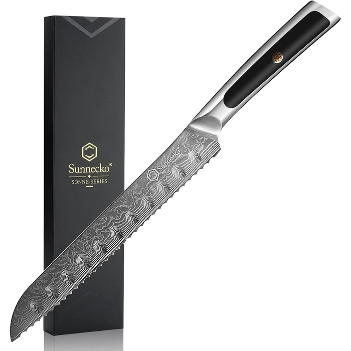 Ніж Sunnecko Дамаск - кухонний ніж з високоякісної сталі Дамаск. Багатофункціональний кухонний ніж для дому та кухні з ергономічною ручкою (8 дюймів, ніж для хліба)