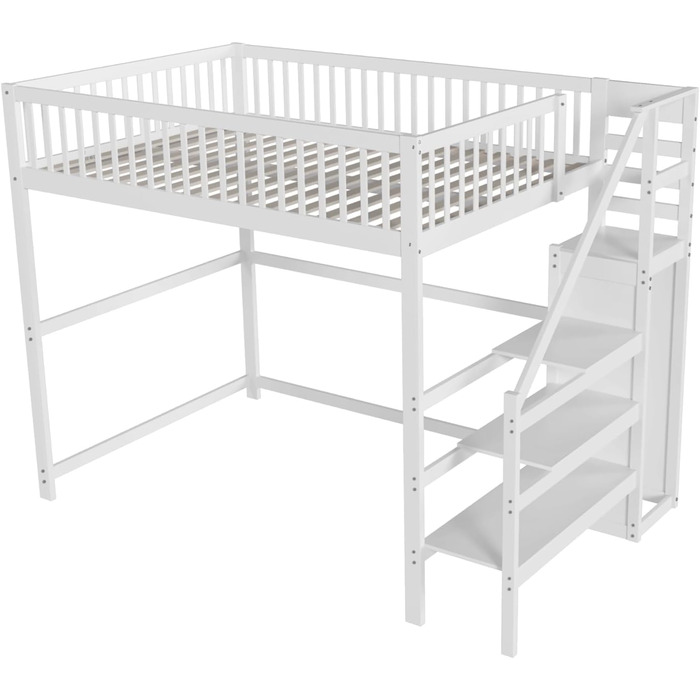 Ліжко-горище Merax для односпального матраца 140x200 см з шафою та сходами, масивне дерево, білий колір (без матраца)