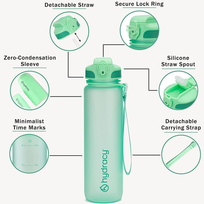 Пляшка для гідратації з інфузорією та позначкою часу-пляшка для пиття без BPA без витоків-пляшка для води без конденсату-ідеально підходить для занять спортом та активного відпочинку - (1 л, солома аква-зеленого кольору)