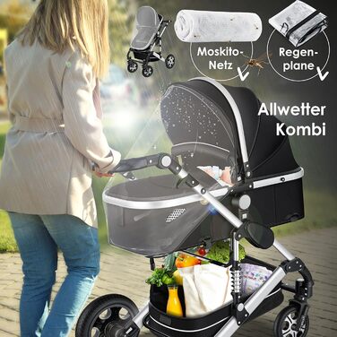 KESSER® Loops: Коляска 3-в-1 для дітей з люлькою, автокріслом та прогулянковим блоком. Комплект включає: автокрісло, люлька, прогулянковий блок, візок, колеса з повним покриттям, сумка для підгузків, дощовик, столик для дитини. Відповідає стандарту ECE R1