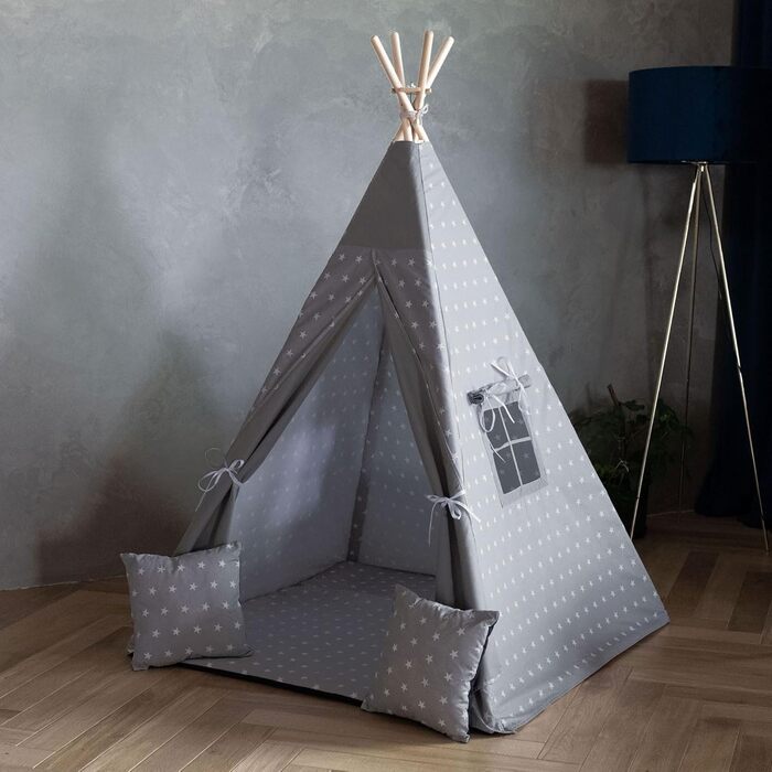 Дитяче намет PaLulli® Tipi з бавовни, з м'яким килимком, системою стабілізації, лампою-ліхтарем та декоративними подушками (сірий зі зірками)