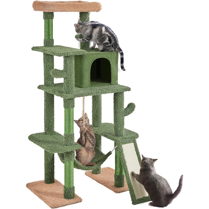 Висотою 160 см, стійка кігтеточка для котів Cat Tree з 4 стовбурами сизалю Оглядовий майданчик Cat Cave Кігтеточка Гамак, зелений/коричневий