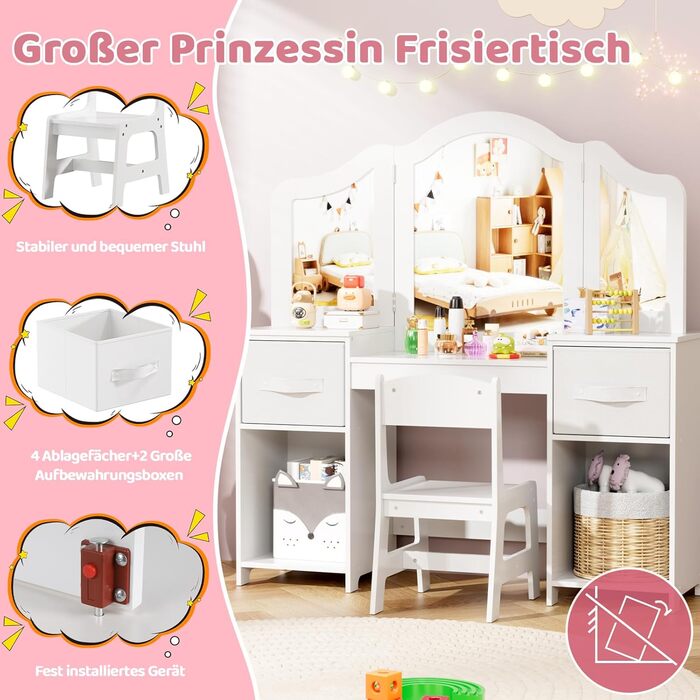 Дитячий туалетний столик MAMIZO 2 в 1 з дзеркалом та пуфом, рожево-білий, 108x30x114 см