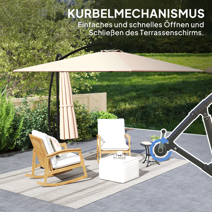 Парасолька Outsunny Centilever Ø260 см із захистом від ультрафіолету 50+ Водовідштовхувальна кривошипна парасолька з підставкою, чохлом, кривошипом, вітрозахистом, ринком Перекидна садова парасолька для балконного патіо хакі