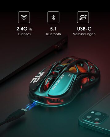 GravaStar Mercury M2 Бездротова Ігрова Миша з 26000 DPI, Сенсор PAW3395, 79г, 5 RGB-режимів, 5 програмованих кнопок, Tri-Mode (2.4GHz/Bluetooth/Кабель), для PC/Mac – Чорний