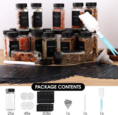 Набір кутових банок для спецій [25x 120 мл] з чорними кришками, дозатор для спецій з вставкою для сипучих продуктів та 308 етикетками, високоякісні контейнери для спецій, органайзер для спецій