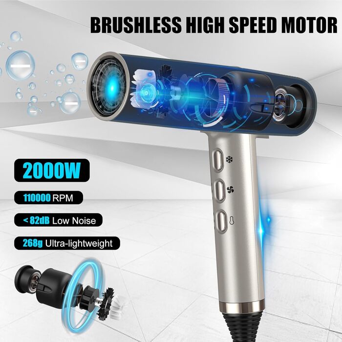 Фен для волосся Slopehill з безщітковим двигуном, Oxy Active Technology, LED-дисплеєм, 2000 Вт, колір Champagne Gold