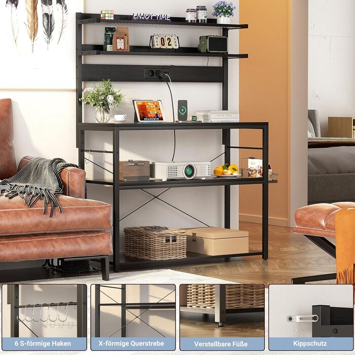 Кухонна полиця-стійка з розеткою, підставка для мікрохвильовки, 5-рівнева кавобар з LED-підсвічуванням, полиця для спецій, каструль та сковороди (80 см, чорний)