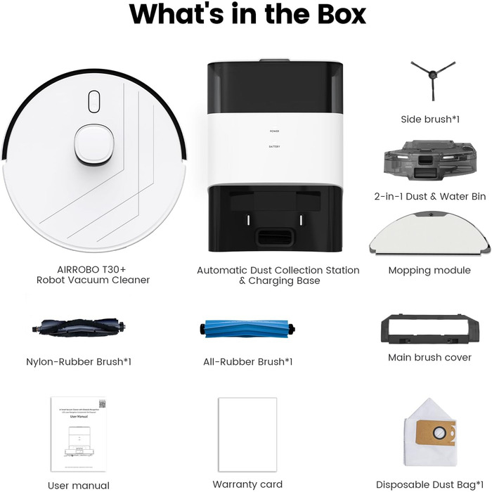 Робот-пилосос AIRROBO T30+ з функцією миття, LiDAR навігація, 6000Pa, 3.5L пилозбірник, 240 хв роботи, керування через додаток, білий малюнок