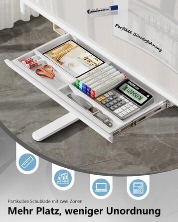 Електричний письмовий стіл Homall зі скляною стільницею, 140x70 см, з регулюванням висоти та шухлядою, білий, для дому та офісу