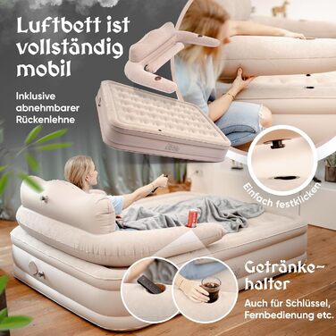 Надувне ліжко 3-в-1 | Гостьове та кемпінгове ліжко | Надувна матрац з електропомпою 150x200 | Самостійно надувна повітряна матрац (2 особи, Бежевий)