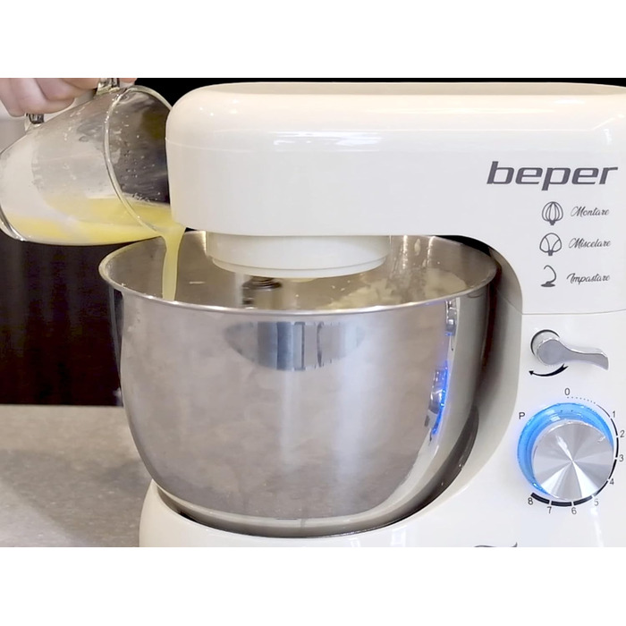 Міксер планетарний BEPER BP.200, 1000 Вт, 4.5 л, нержавіюча сталь, для замішування, подрібнення, приготування тіста, кремового кольору