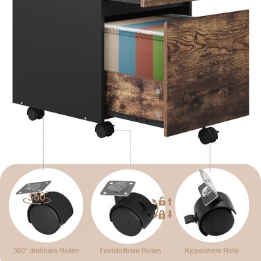 Контейнер на колесах WOLTU з 2 шухлядами, мобільний офісний шафка, підставка під стіл, шафка для принтера, для офісу та дому, 40x56x40 см, з вінтажною обробкою дерева, 2 полиці