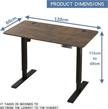 Електричний стіл IvyIvy з регулюванням висоти, 4 елементи керування пам'яттю, 60x120 см, коричневий