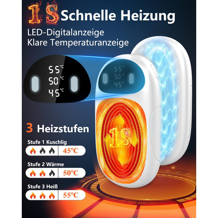 Електричні грілки для рук DDKJ - 2 шт. з LED-дисплеєм та 3 рівнями нагріву. Магнітні, багаторазові, для дітей, чоловіків, жінок. Білий великий екран.