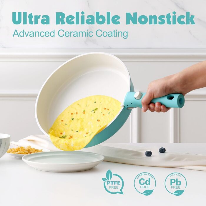 Набір каструль SENSARTE з керамічним покриттям (17 предметів) – антипригарне посуд з знімними ручками, для всіх плит, безпечне, миється в посудомийній машині, сумісне з духовкою (Турквіс)