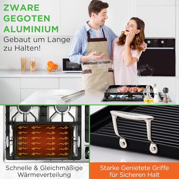 НутріШеф Гриль-плита 56 см – чавунна сковорода-гриль з антипригарним покриттям та жолобками для збору жиру, стійка до високих температур. Підходить для газового гриля, плити, BBQ та приготування їжі в приміщенні.