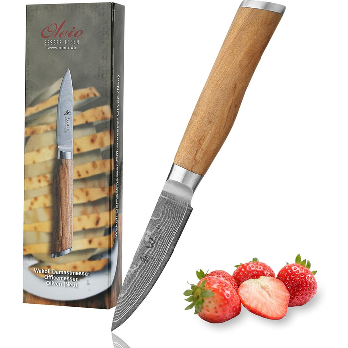 Ніж кухонний Wakoli з дамаської сталі (VG10) з 20 см лезом – гострий та збалансований – ніж з ручкою з оливкового дерева в подарунковій коробці – ніж кухарський для професіоналів та любителів (ніж для шаткування)
